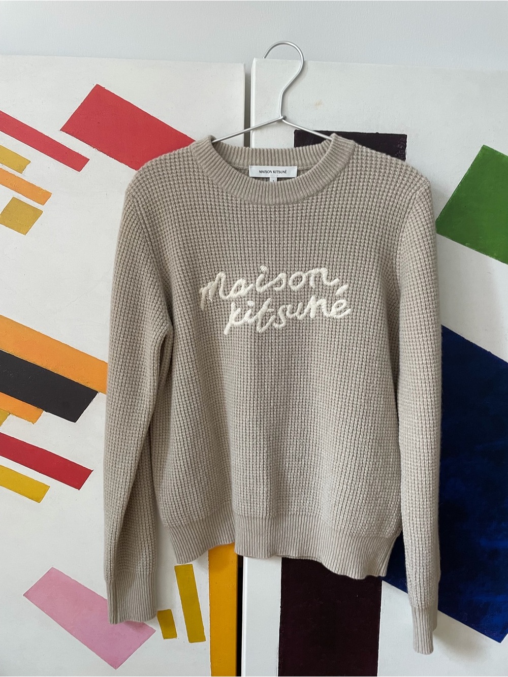 MAISON KITSUNE Cream Beige Waffle-Knit Logo Crewneck Sweater